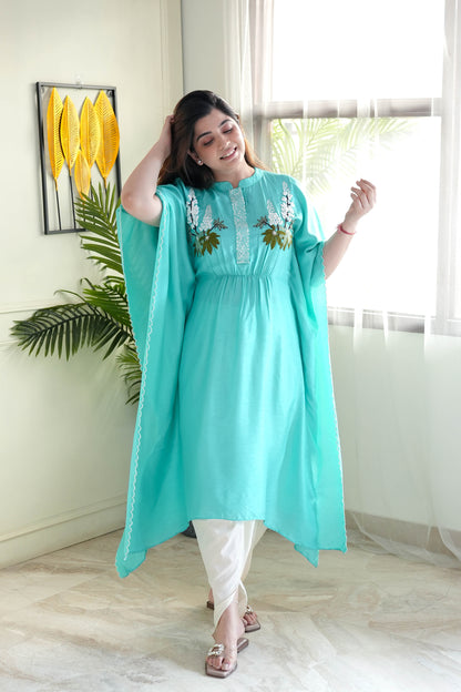 Saba Sea Green Hand Embroidered Kaftan Set