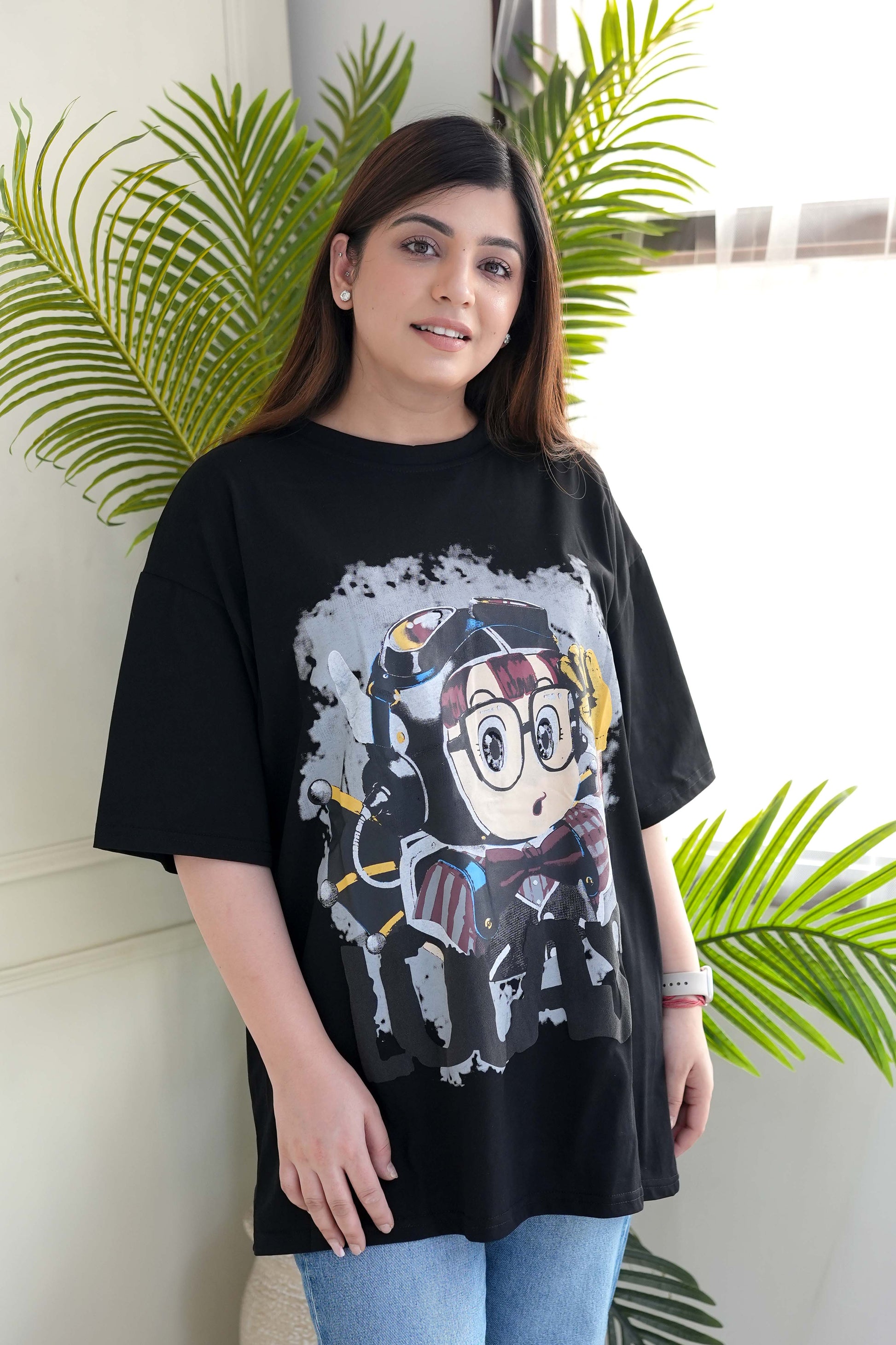 Bella Black Printed Boyfriend Fit Tshirt