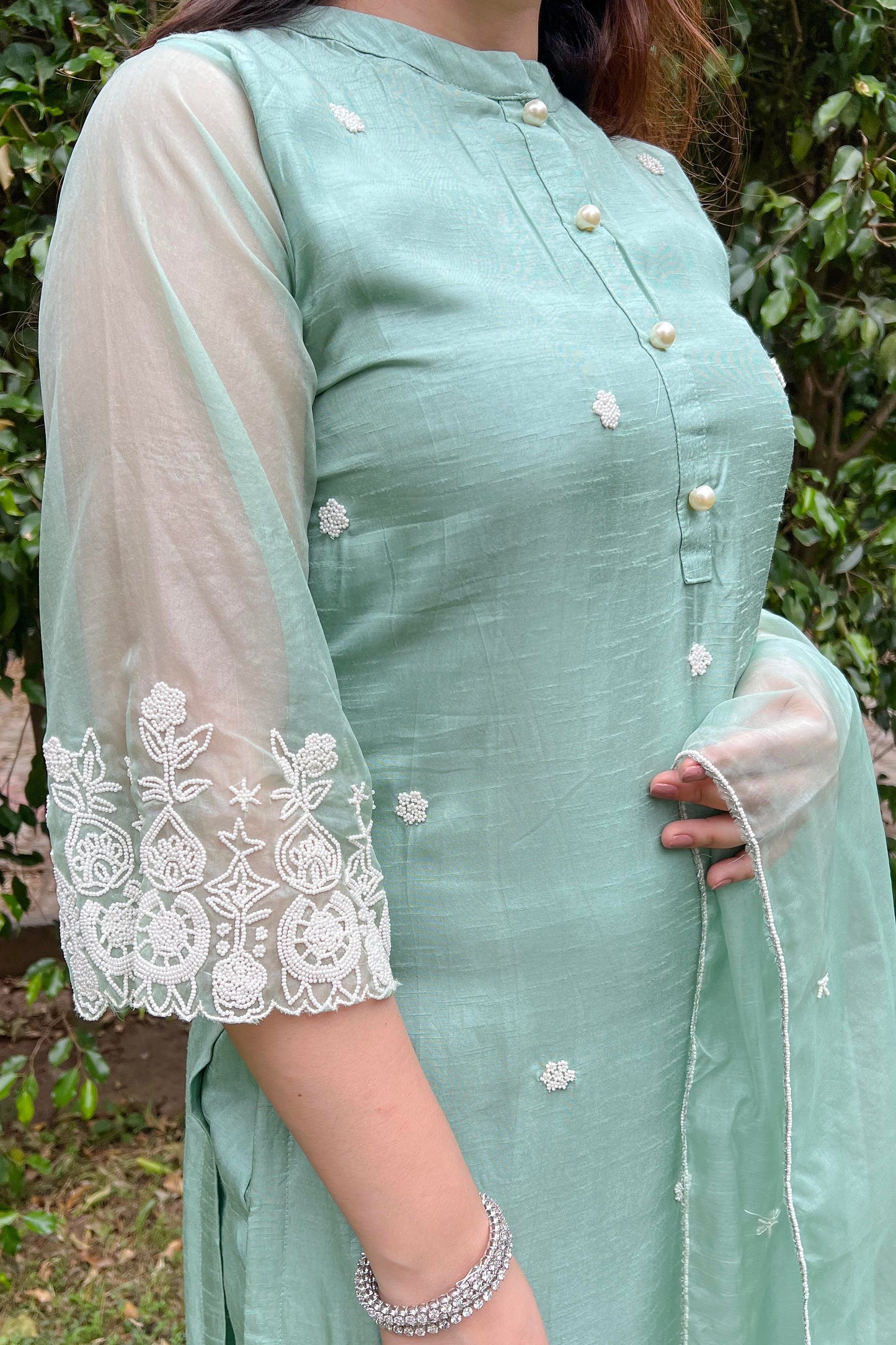 Sara Pastel Green Silk Suit With Beads