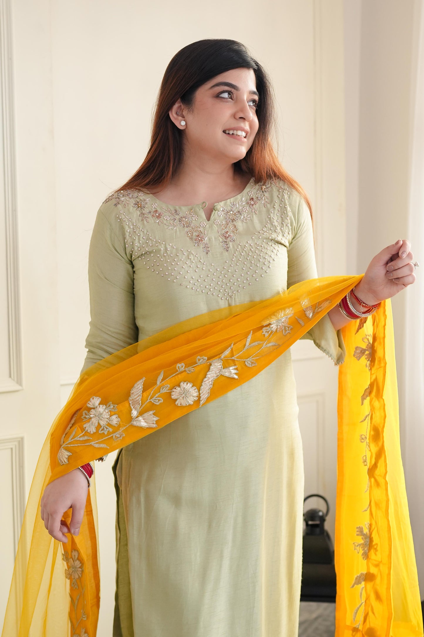 Keera Green Silk Suit With Contrast Dupatta