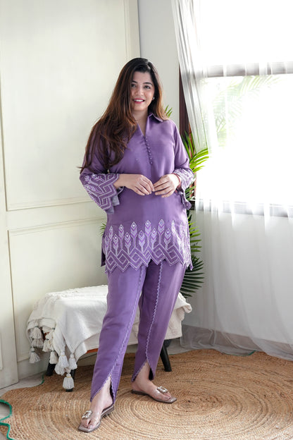 Safah Purple Embroidered Dhoti Set