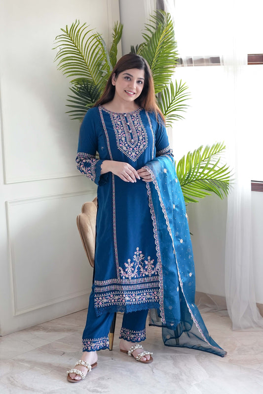 Heera Blue Embroidered Suit Set with Organza Dupatta