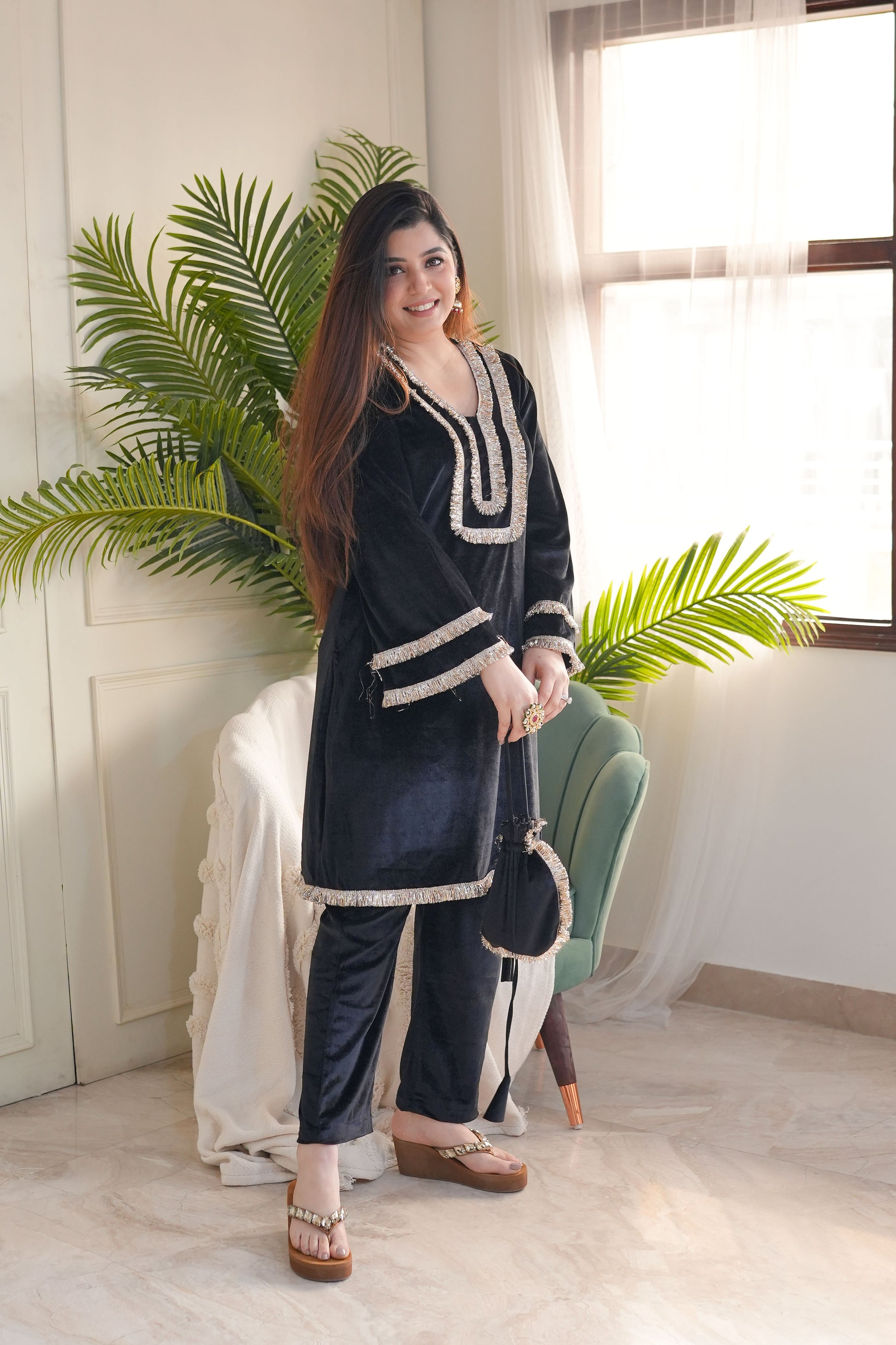 Meerza Black Velvet Plazo Set With Potli