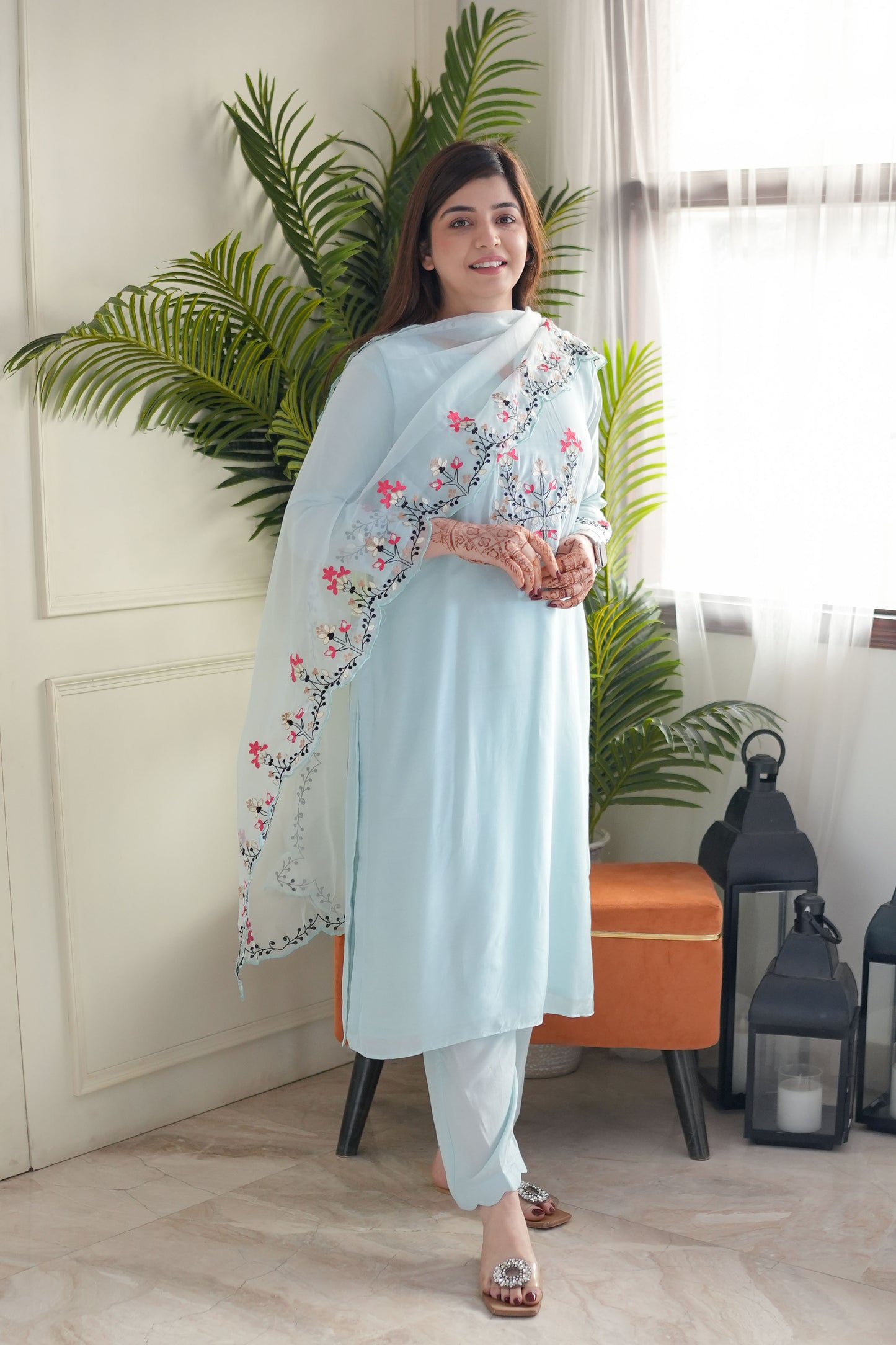 Blue Embroidered Silk Suit Set