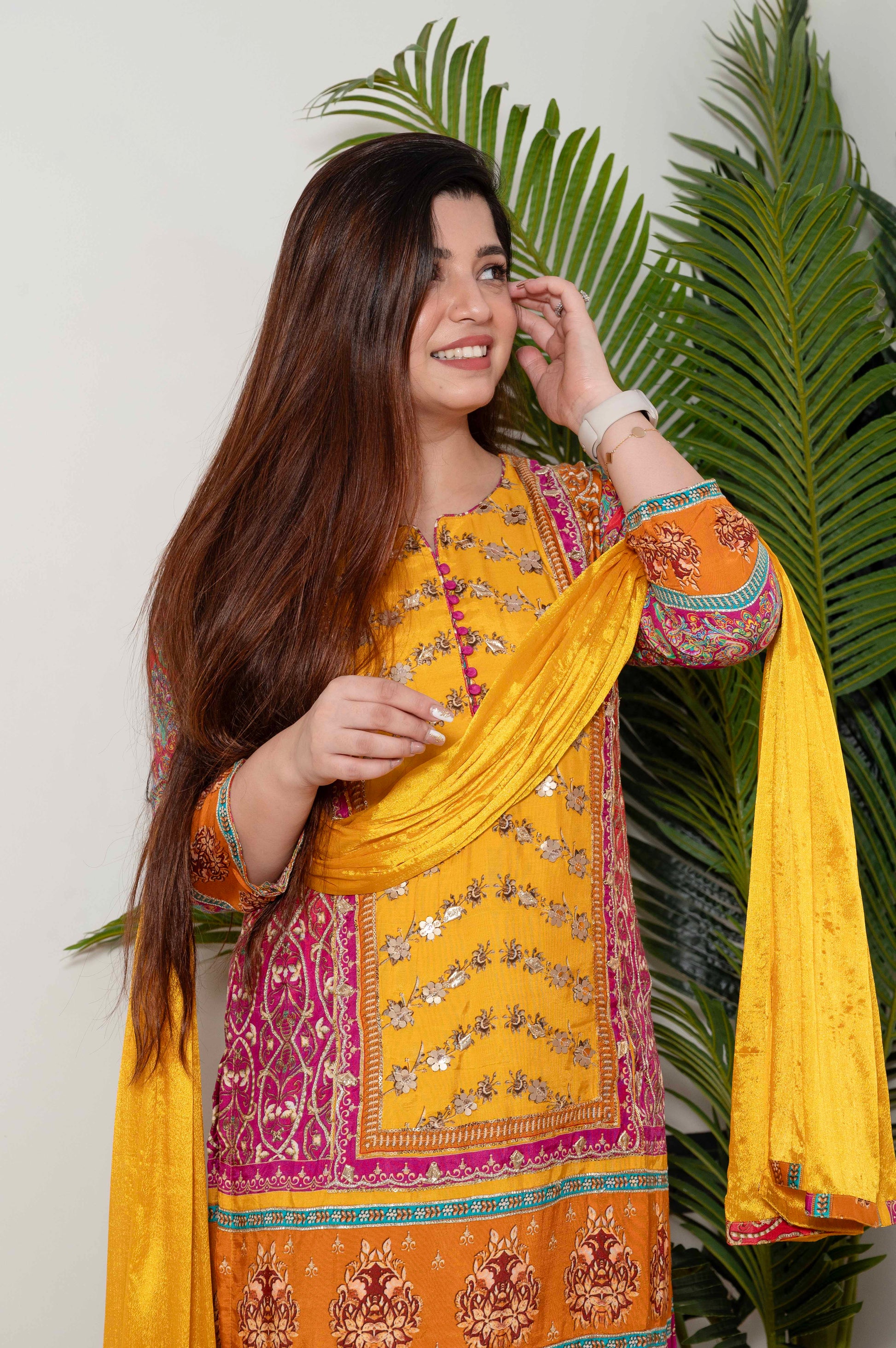 Sagari Yellow Printed Suit Set With Gotta Detailing