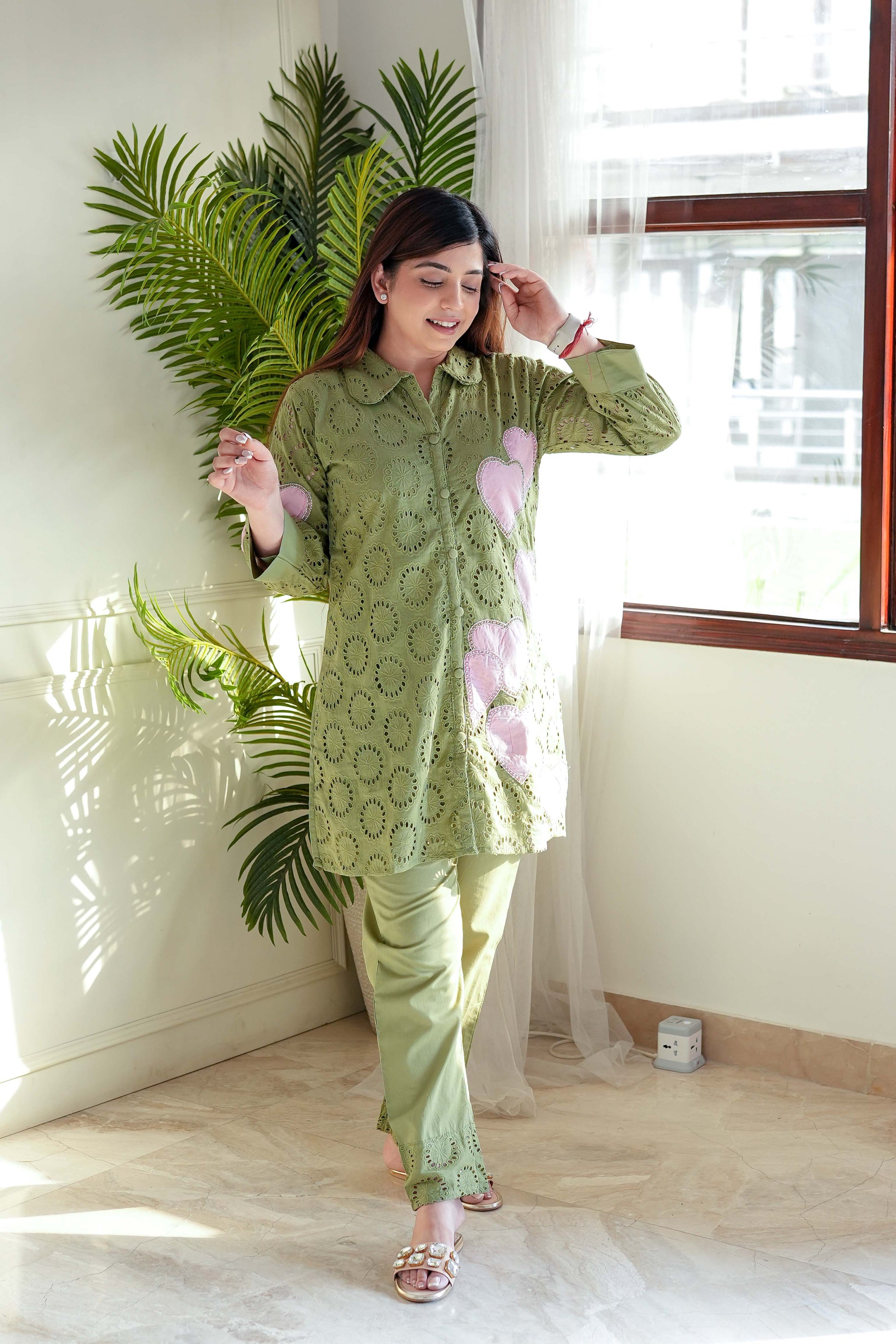 Mehreen Green Embroidered Schiffli Cordset