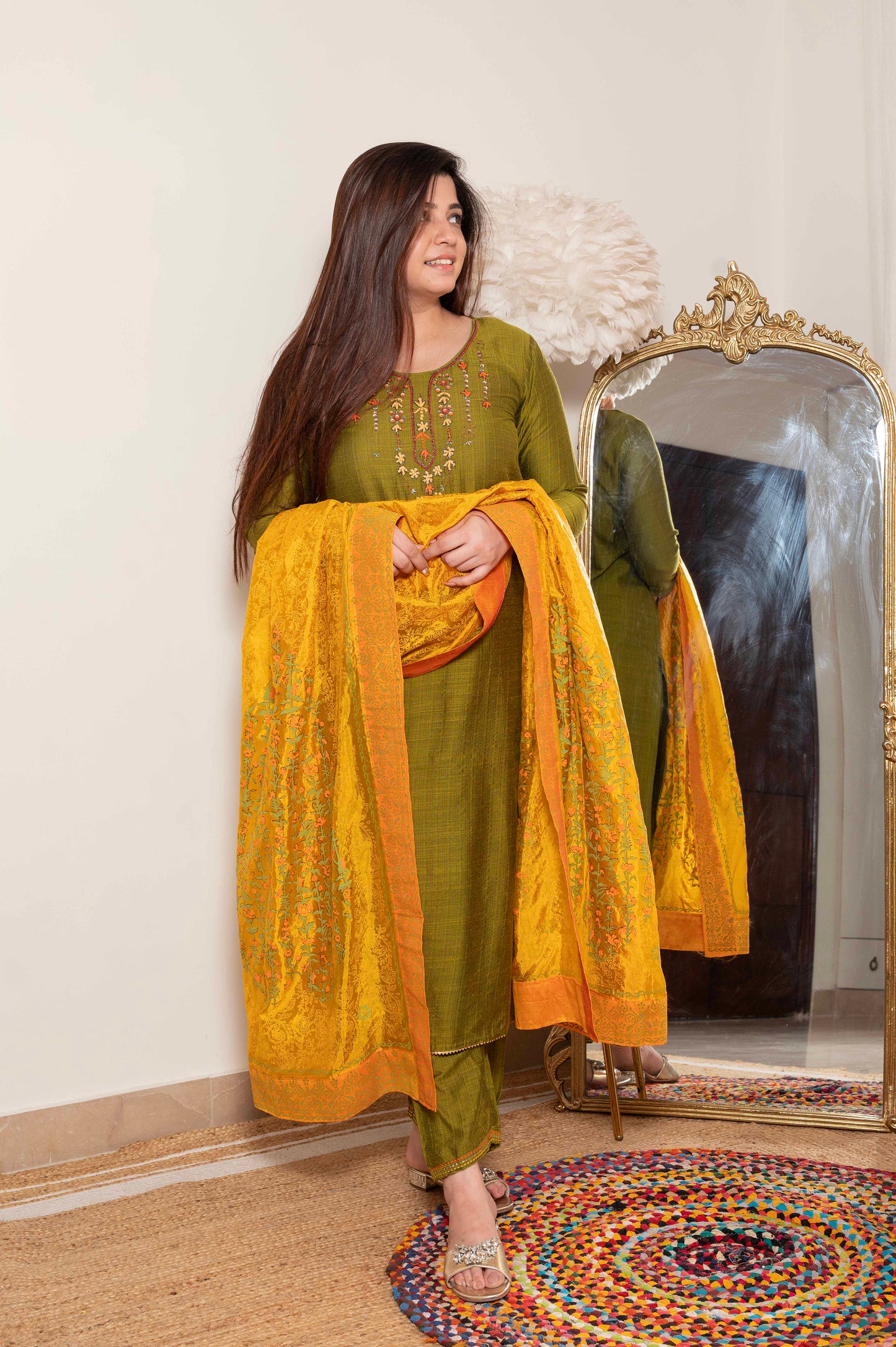 Chanda Green Suit Set With Painted Dupatta