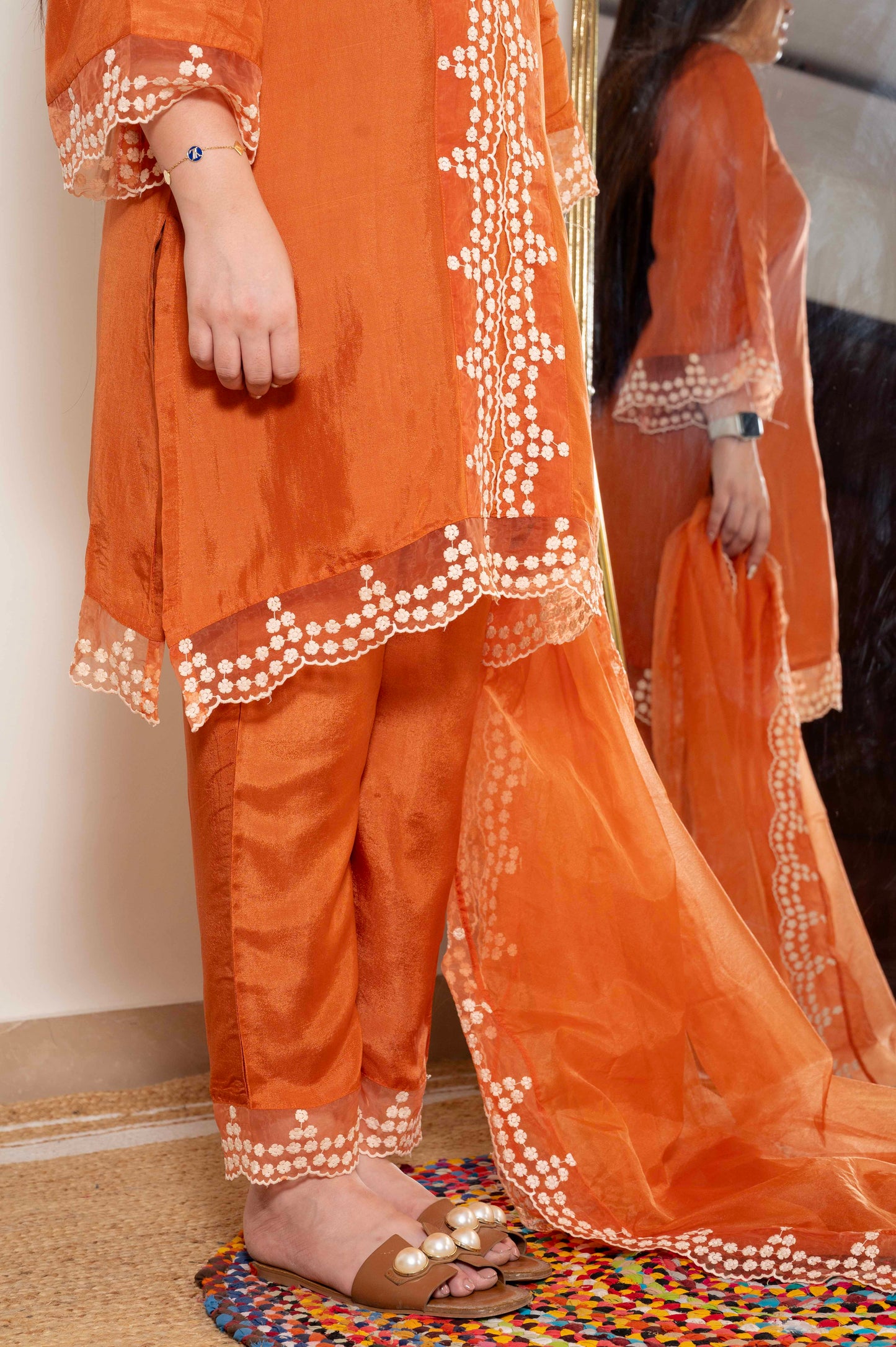 Sukh Rust Silk Suit Set With Schiffli Detailing