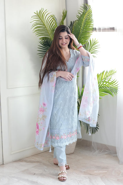 Bani Grey Thread Detailing Pakistani Suit Set