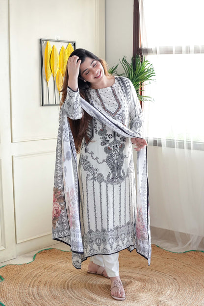 Salma White Printed Straight Suit Set