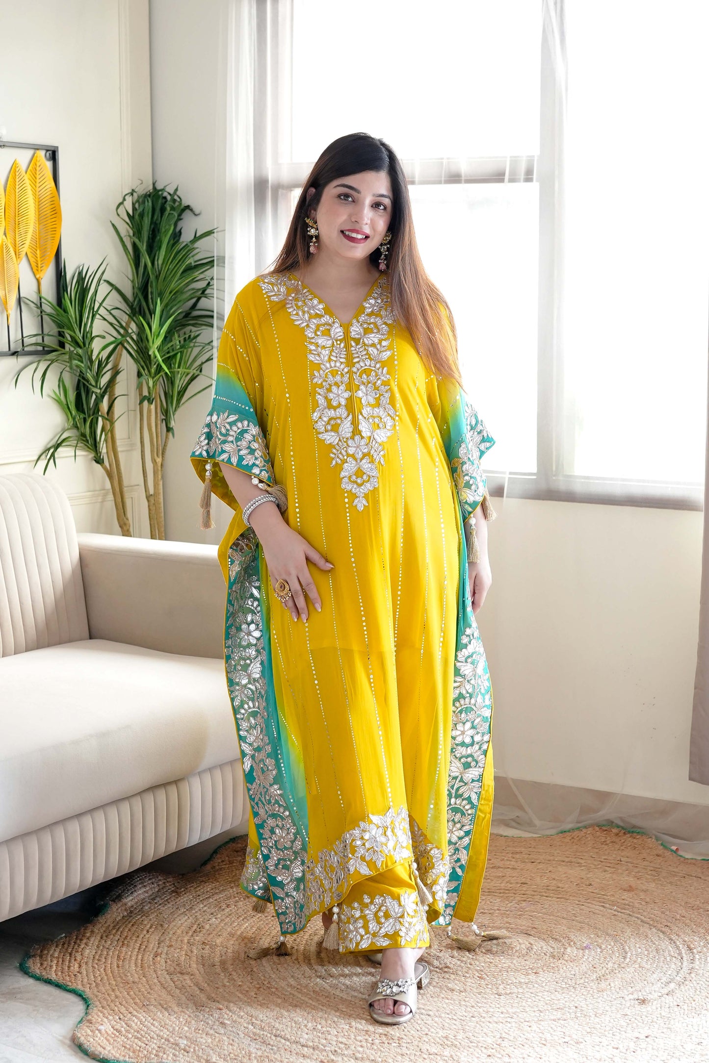 Nazma Yellow Gota Detailing Kaftan Set