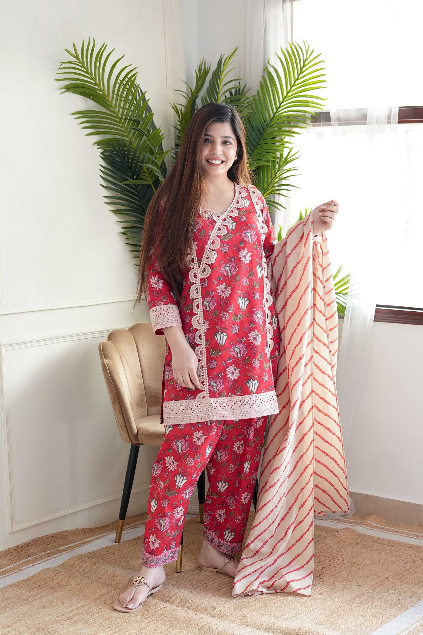 Meet Red Printed Cotton Suit Set