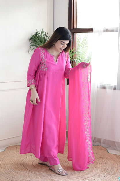 Simar Hot Pink Embroidered Anarkali Suit Set