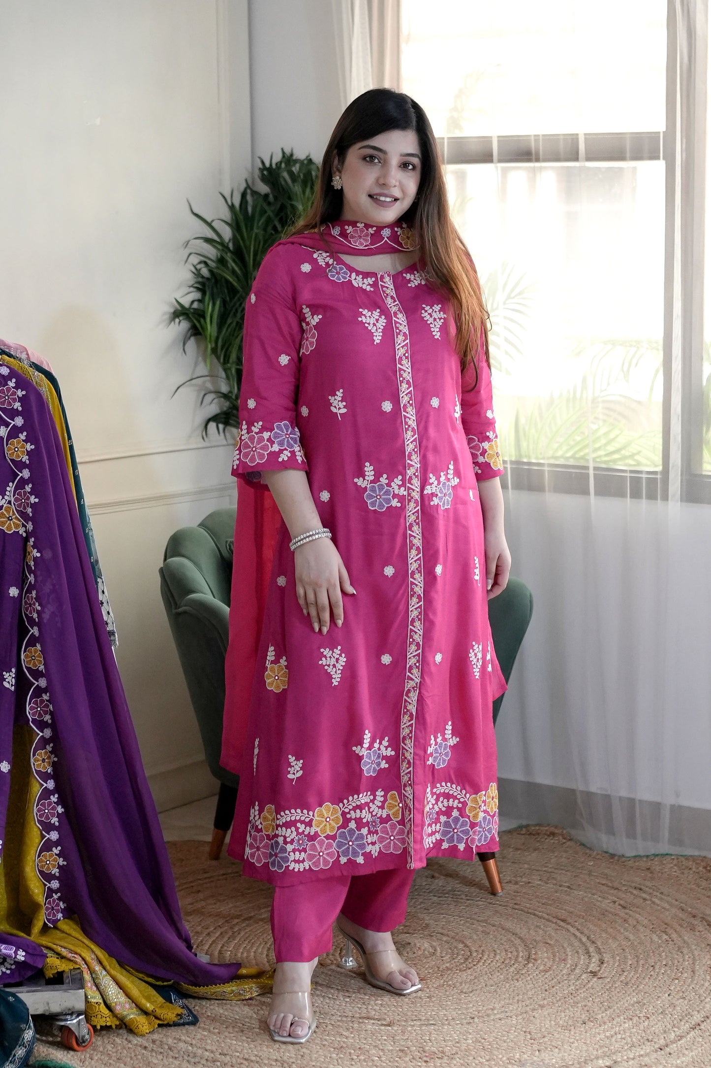 Mreeyal Pink Embroidered A line Silk Suit