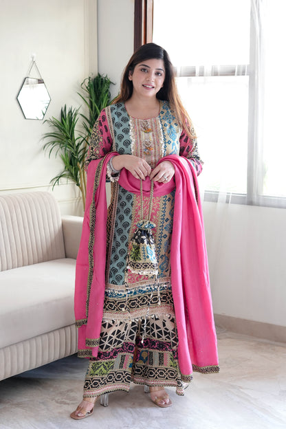 Tira Luxe Pink Embroidered Suit Set