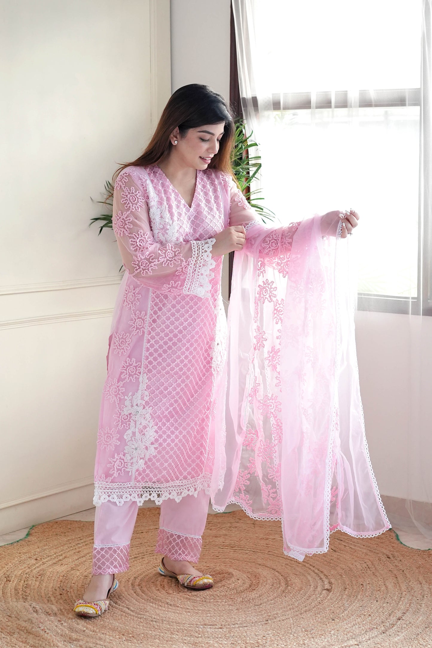 Beena Pink Lace Detailing Suit Set