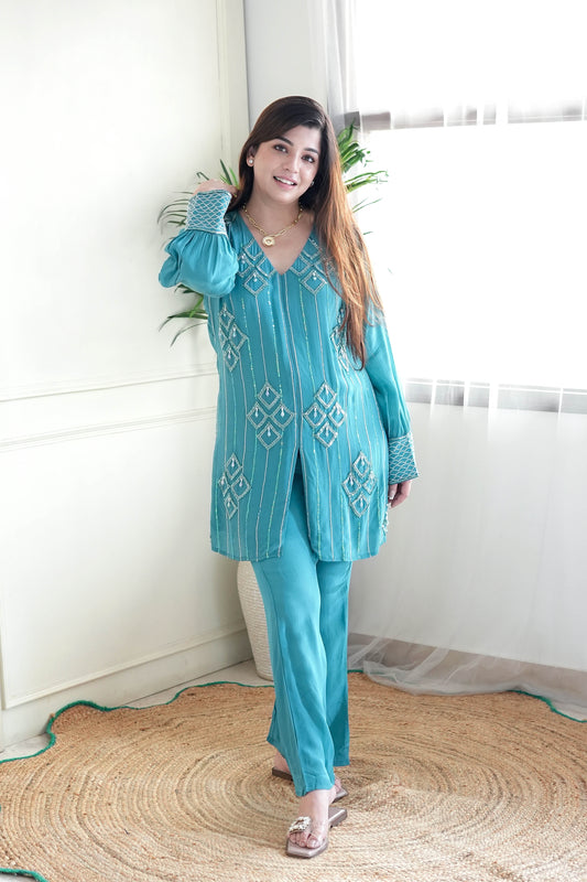 Gulab Turquoise Green Embroidered Co ord Set