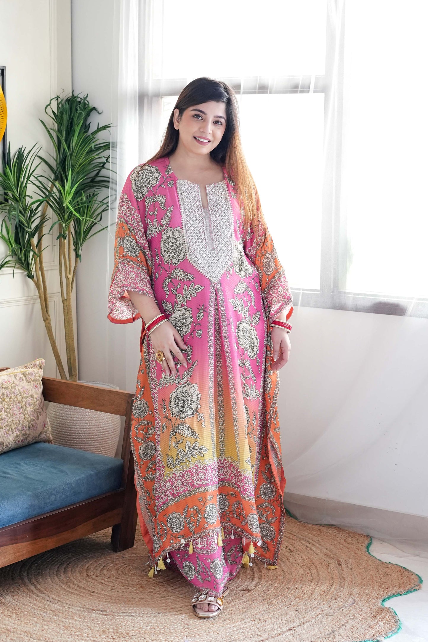 Sehrat Pink Ombre Printed Kaftan Set with Neck Embroidery