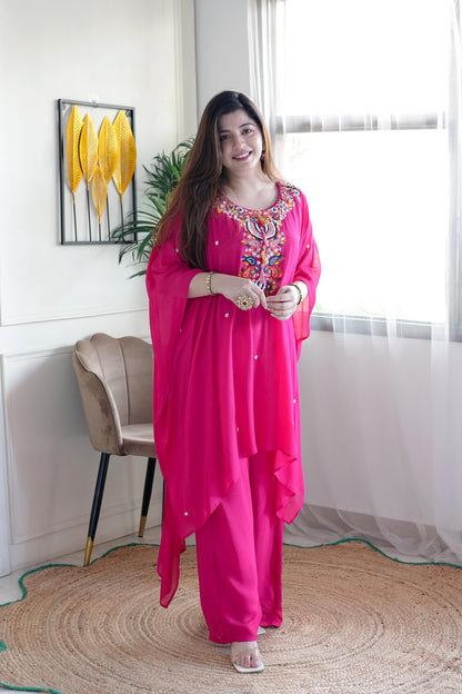 Yumna Hot Pink Embroidered Kaftan Set