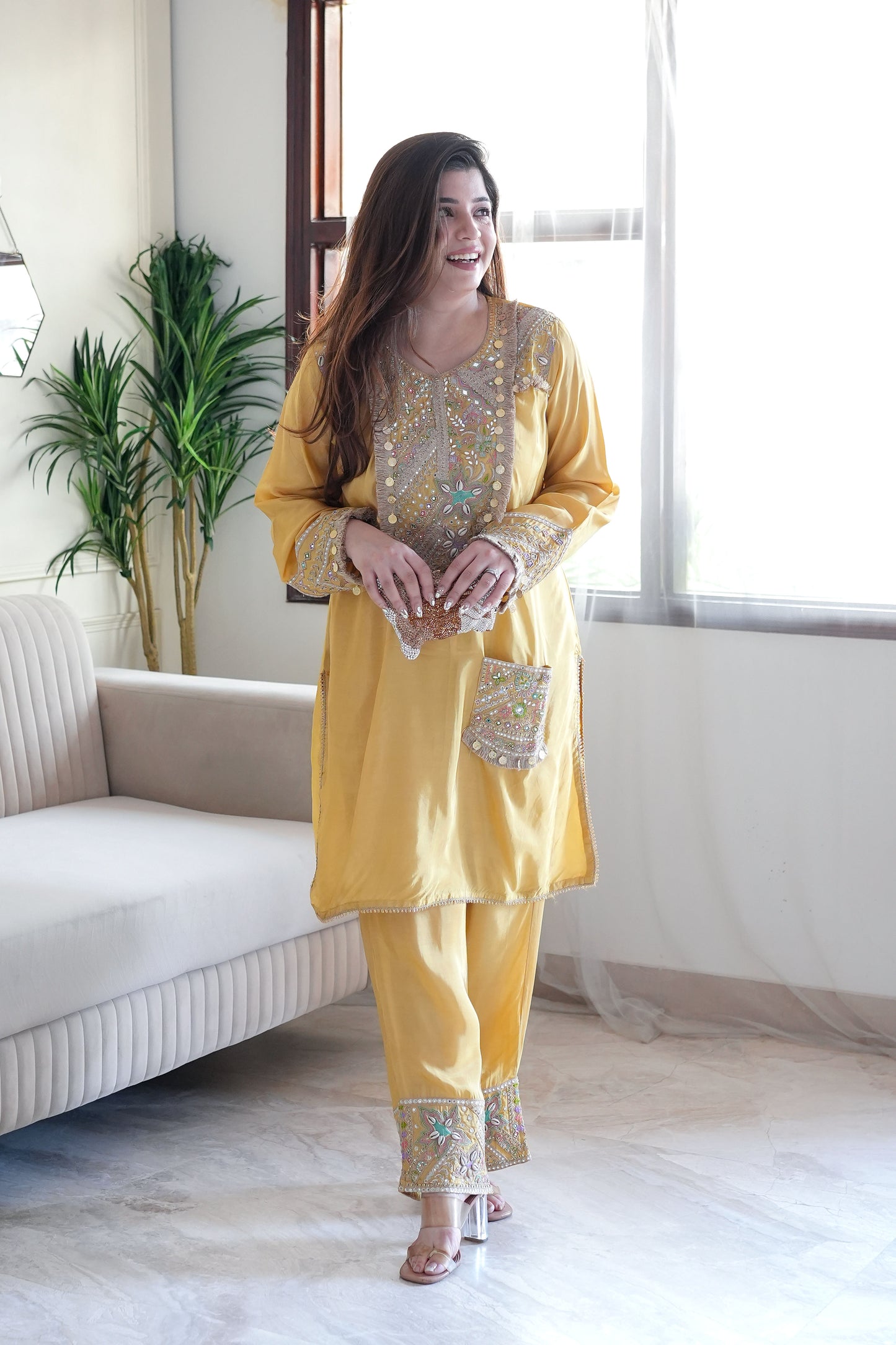 Rafia Yellow Embroidered Co ord Set