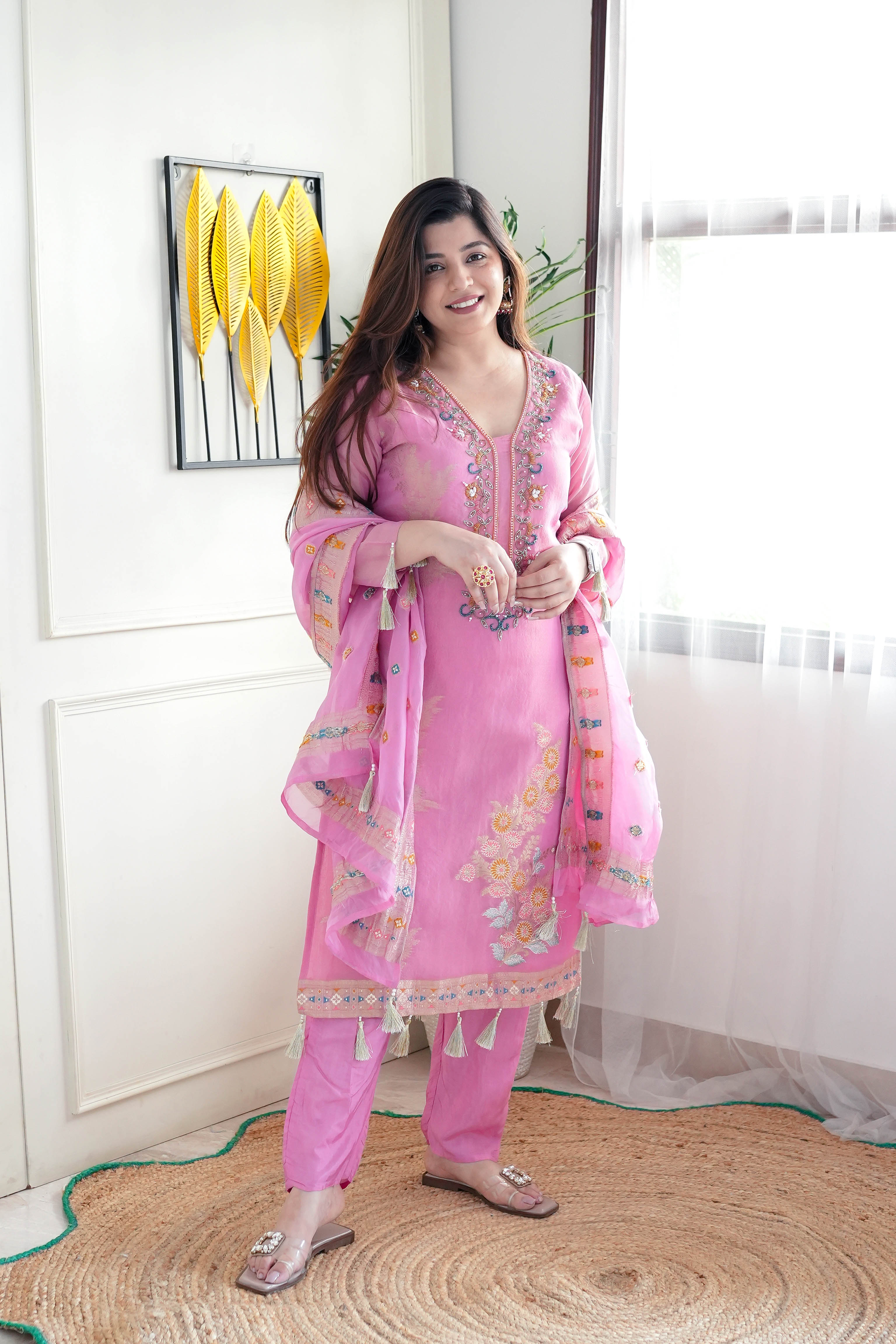 Begum Pink Silk Embroidered Suit Set LaGlits