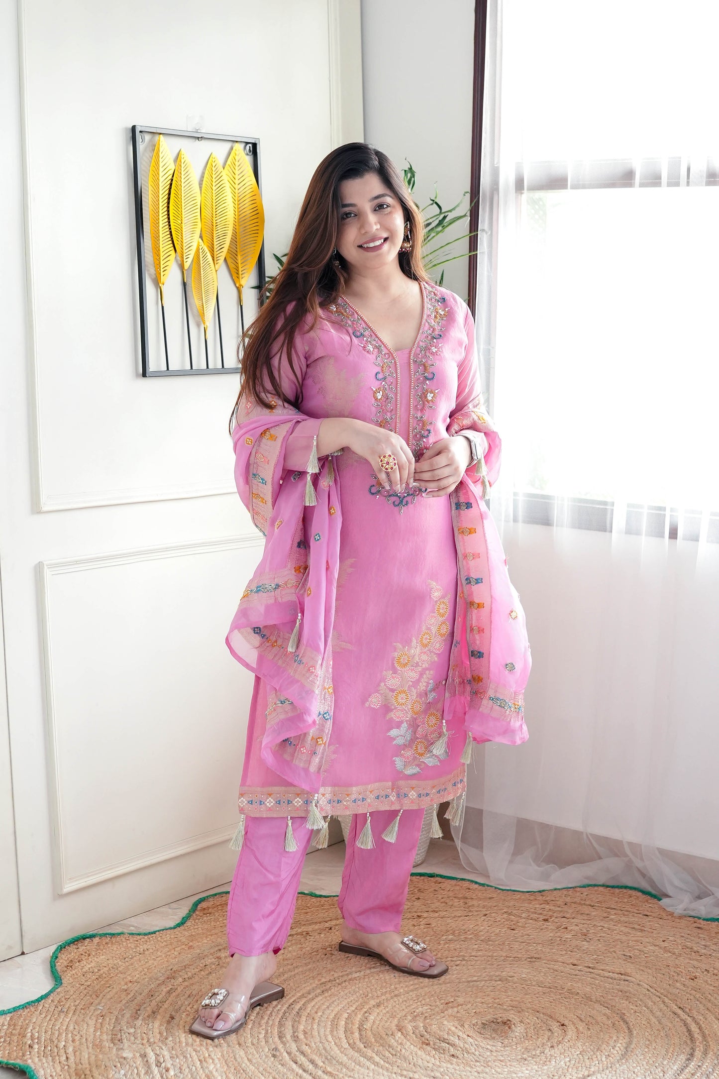 Begum Pink Silk Embroidered Suit Set