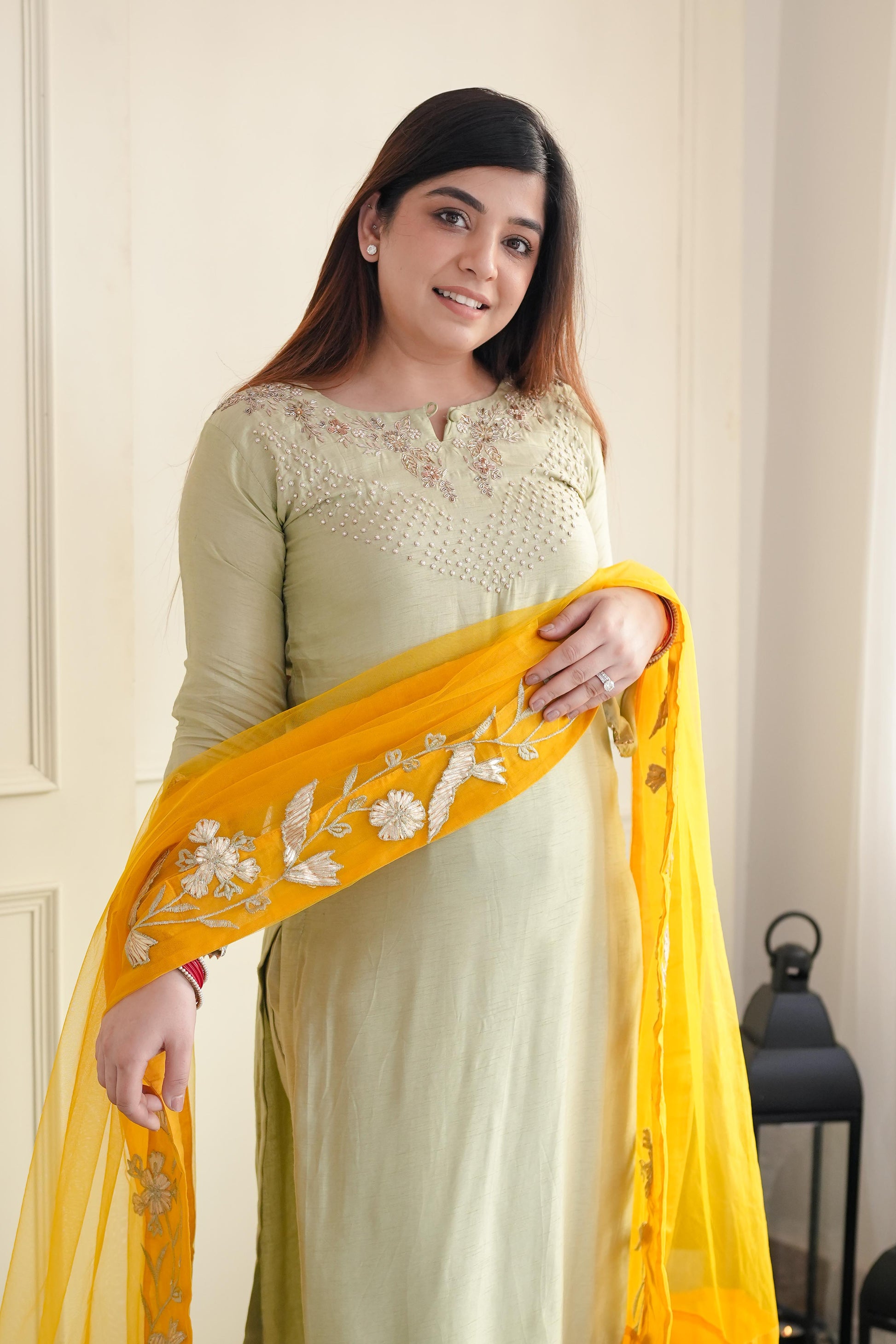 Keera Green Silk Suit With Contrast Dupatta