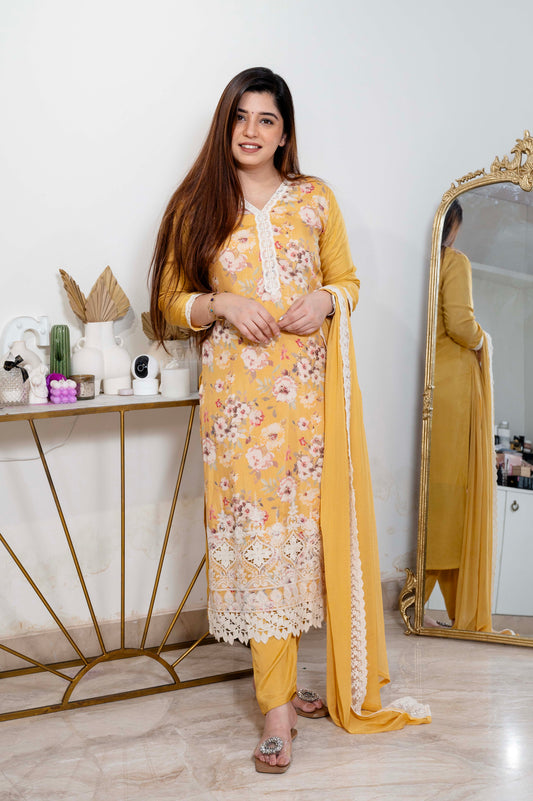 Prabh Yellow Printed With Schiffli Detailing Suit Set