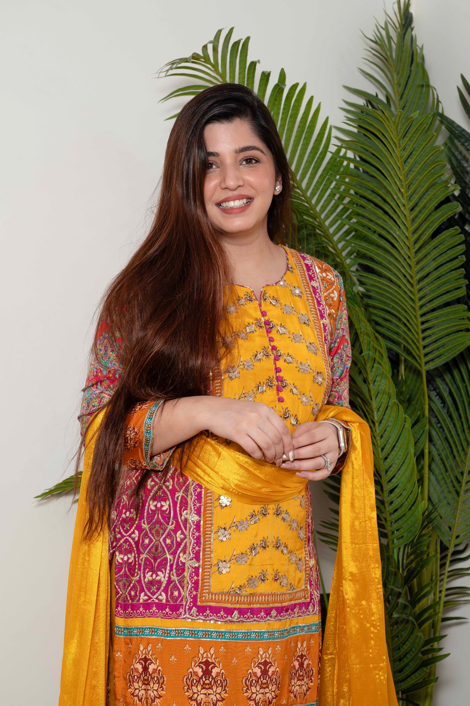 Sagari Yellow Printed Suit Set With Gotta Detailing