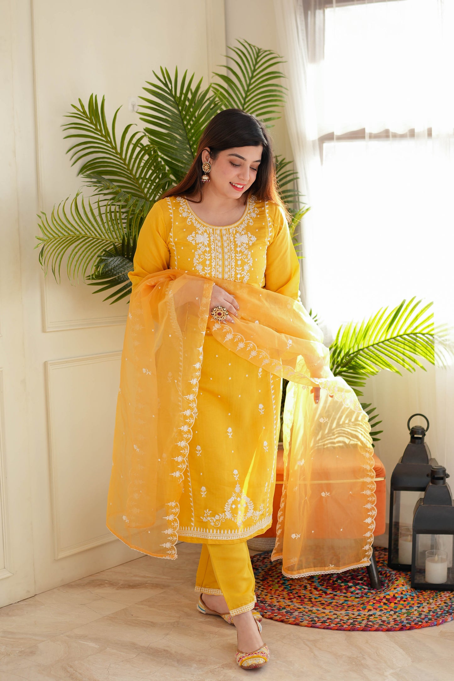 Madho Yellow Thread Work Suit Set