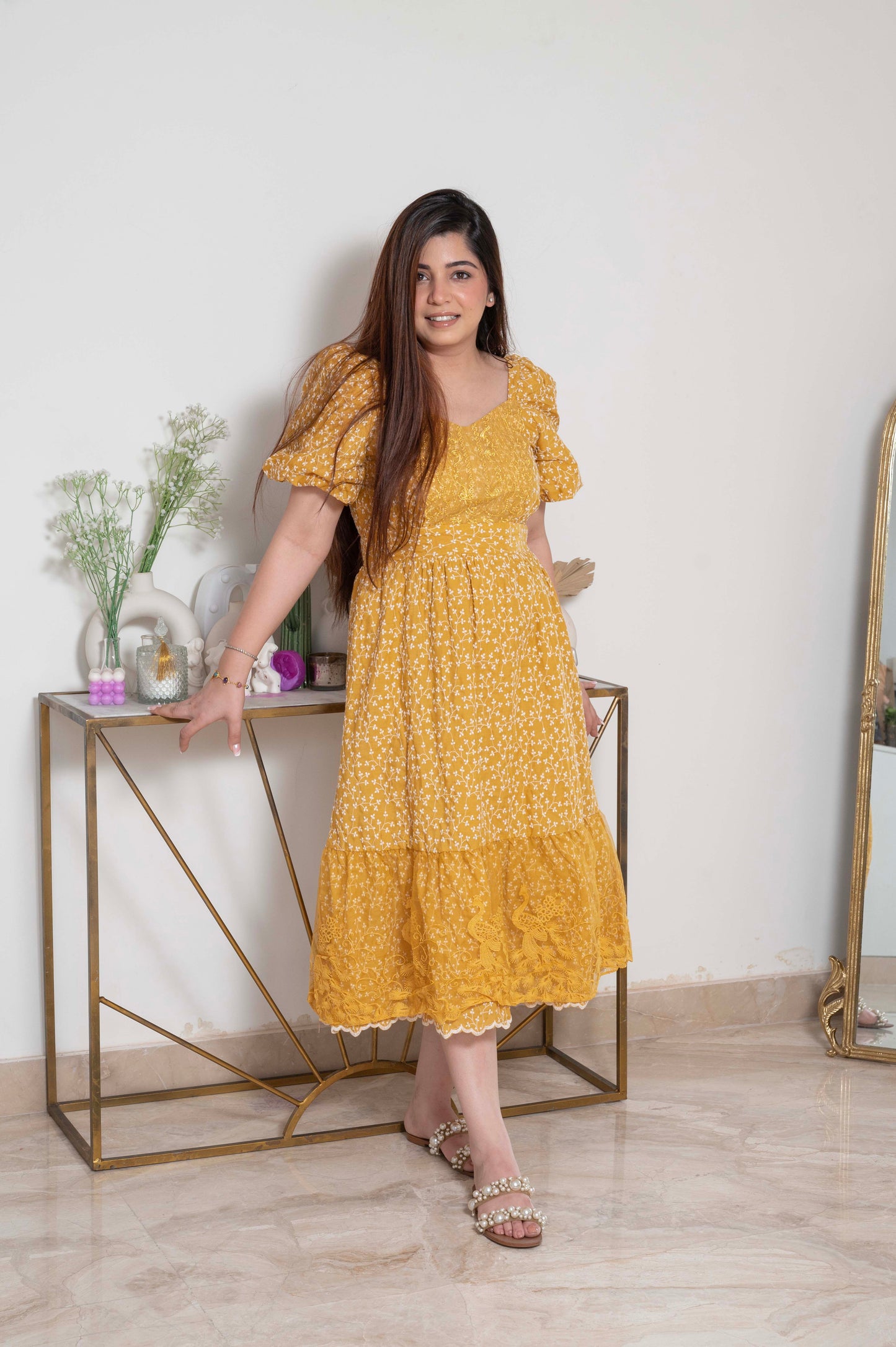 Yellow Schiffli Work Dress