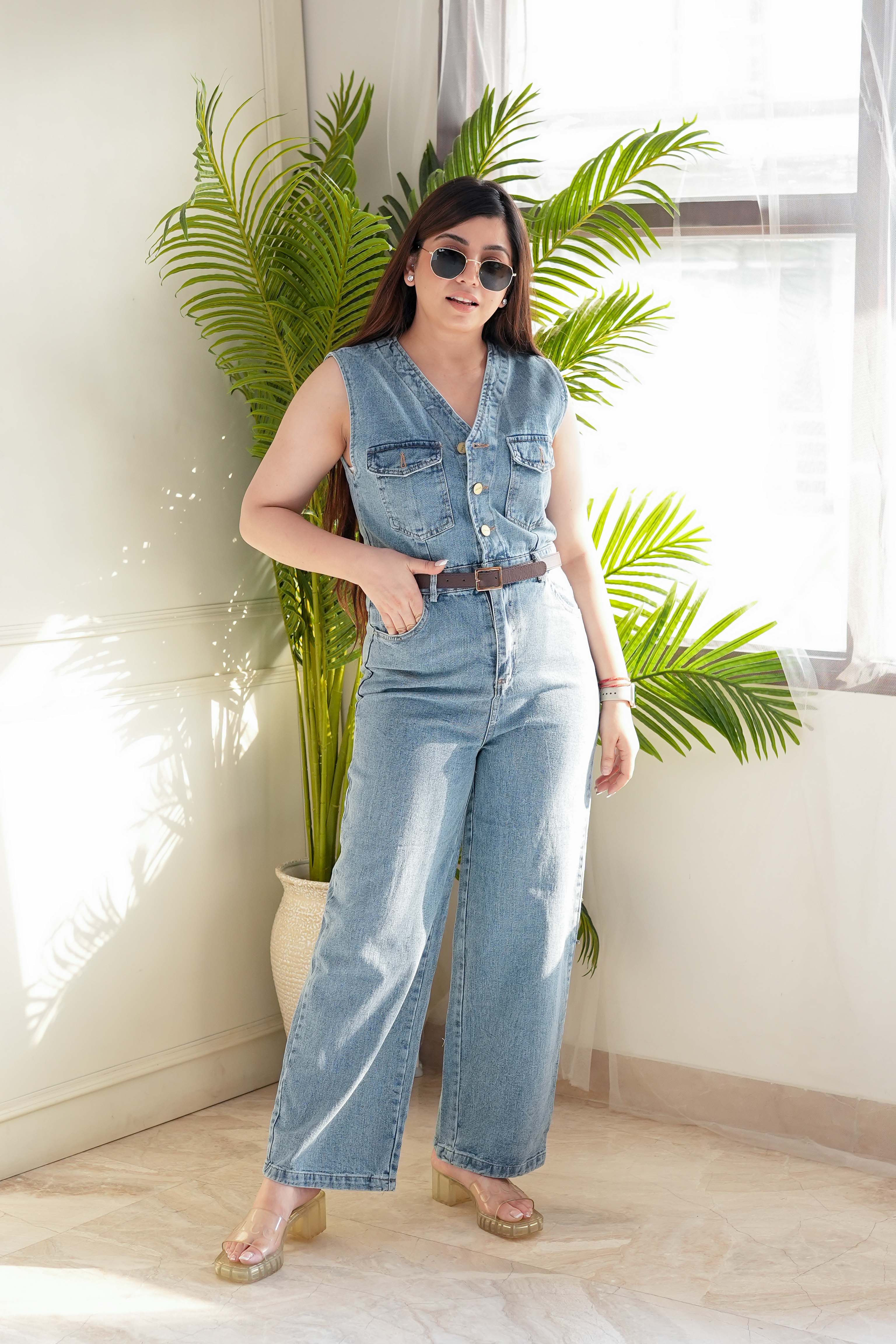 Ariana Light Blue Denim Jumpsuit with Belt LaGlits