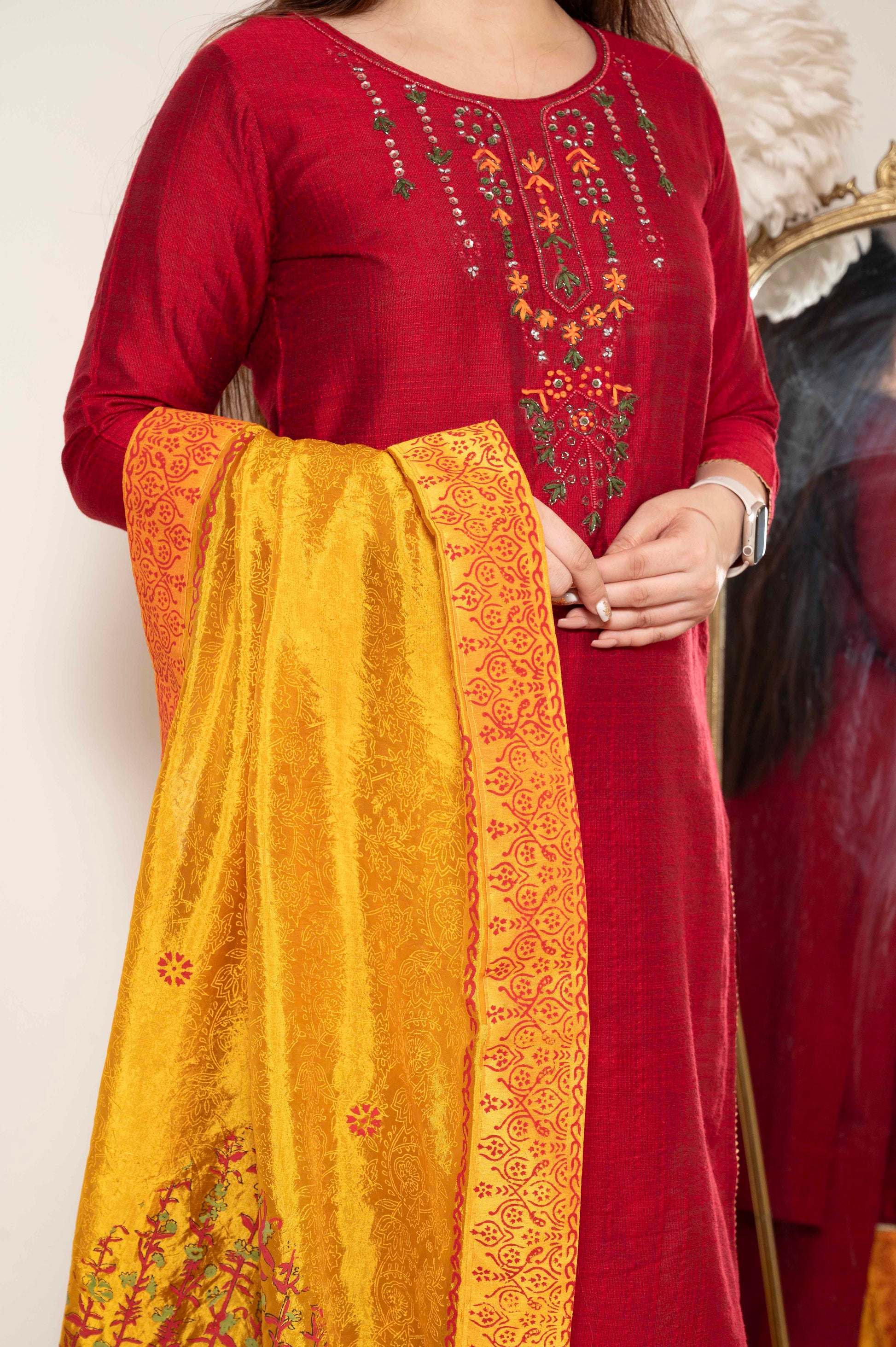 Chanda Red Suit Set With Hand Painted Dupatta