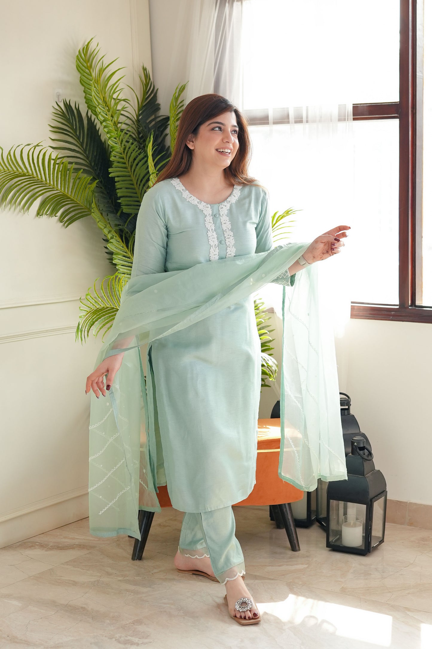 Pastel Green Embroidred Silk Suit