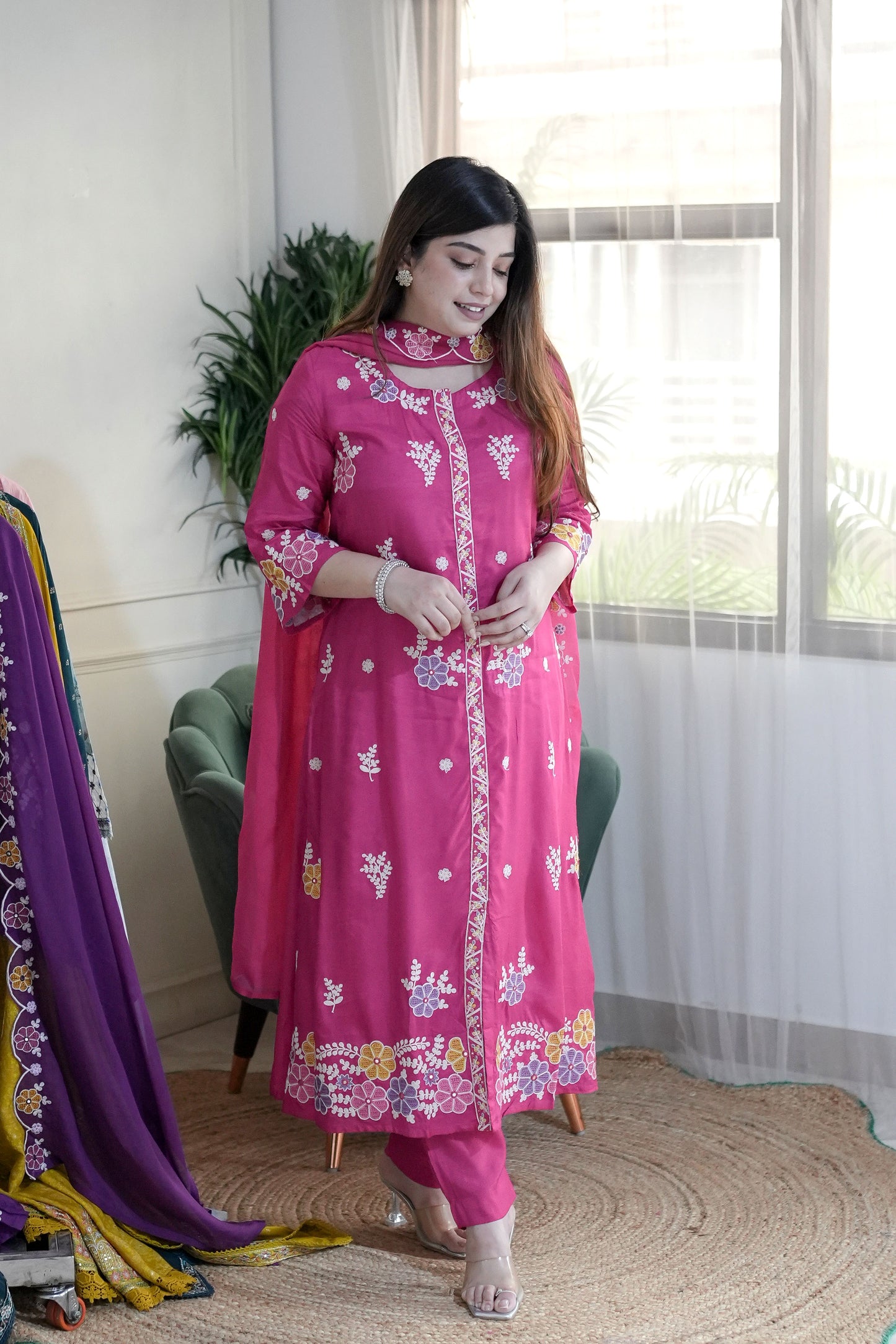 Mreeyal Pink Embroidered A line Silk Suit