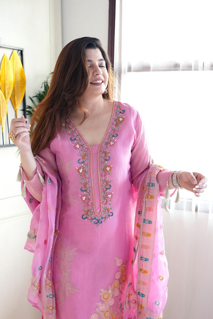 Begum Pink Silk Embroidered Suit Set