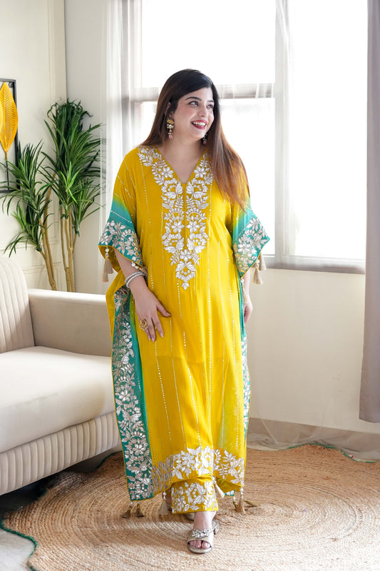 Nazma Yellow Gota Detailing Kaftan Set