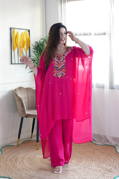 Yumna Hot Pink Embroidered Kaftan Set