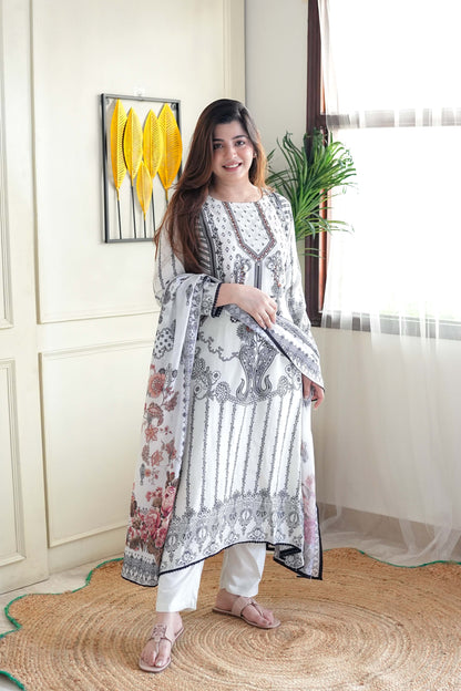 Salma White Printed Straight Suit Set