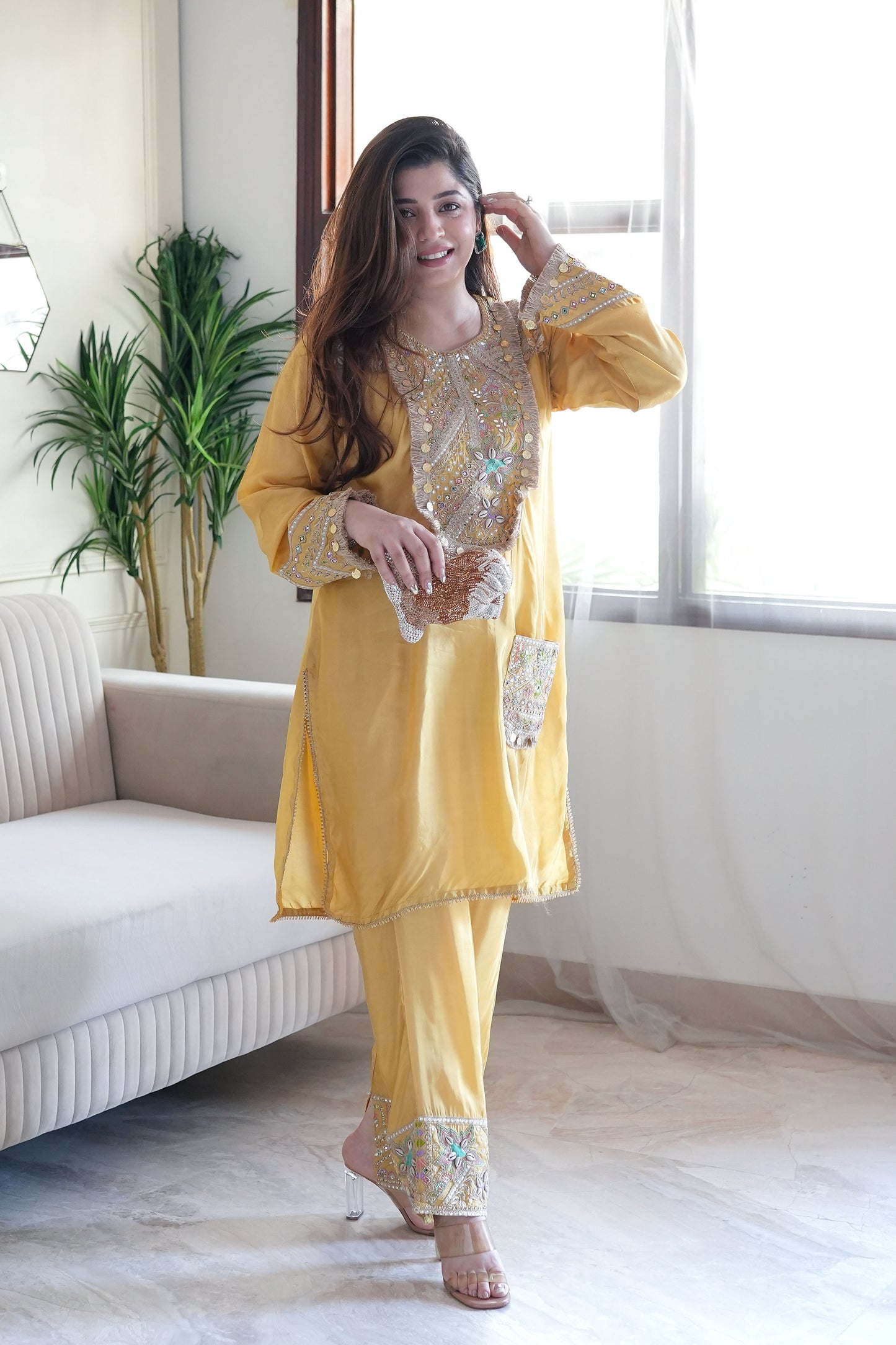 Rafia Yellow Embroidered Co ord Set