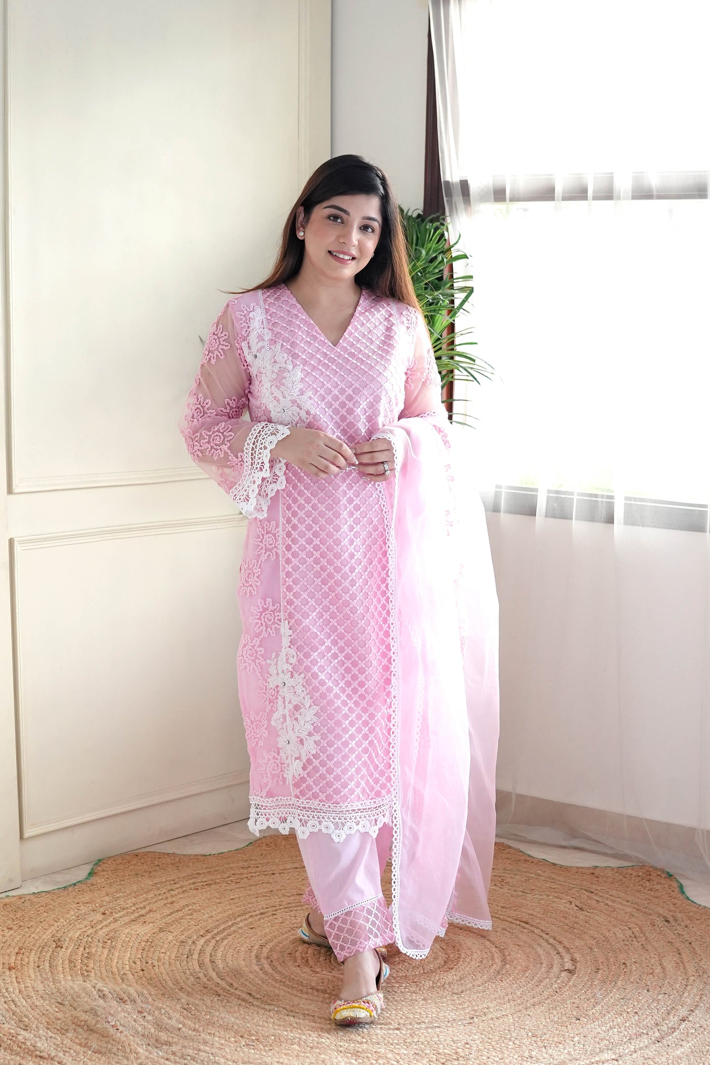 Beena Pink Lace Detailing Suit Set