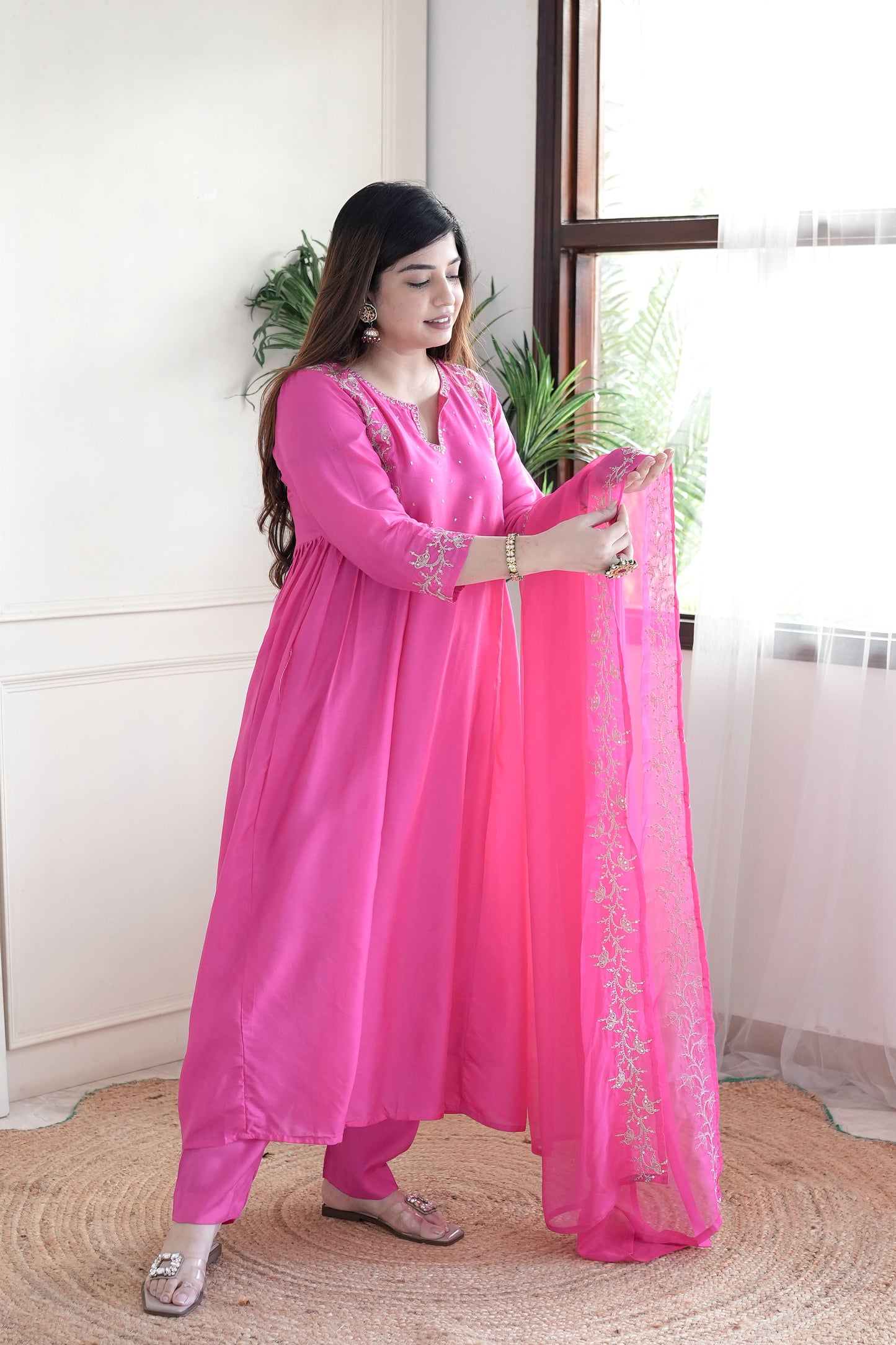 Simar Hot Pink Embroidered Anarkali Suit Set