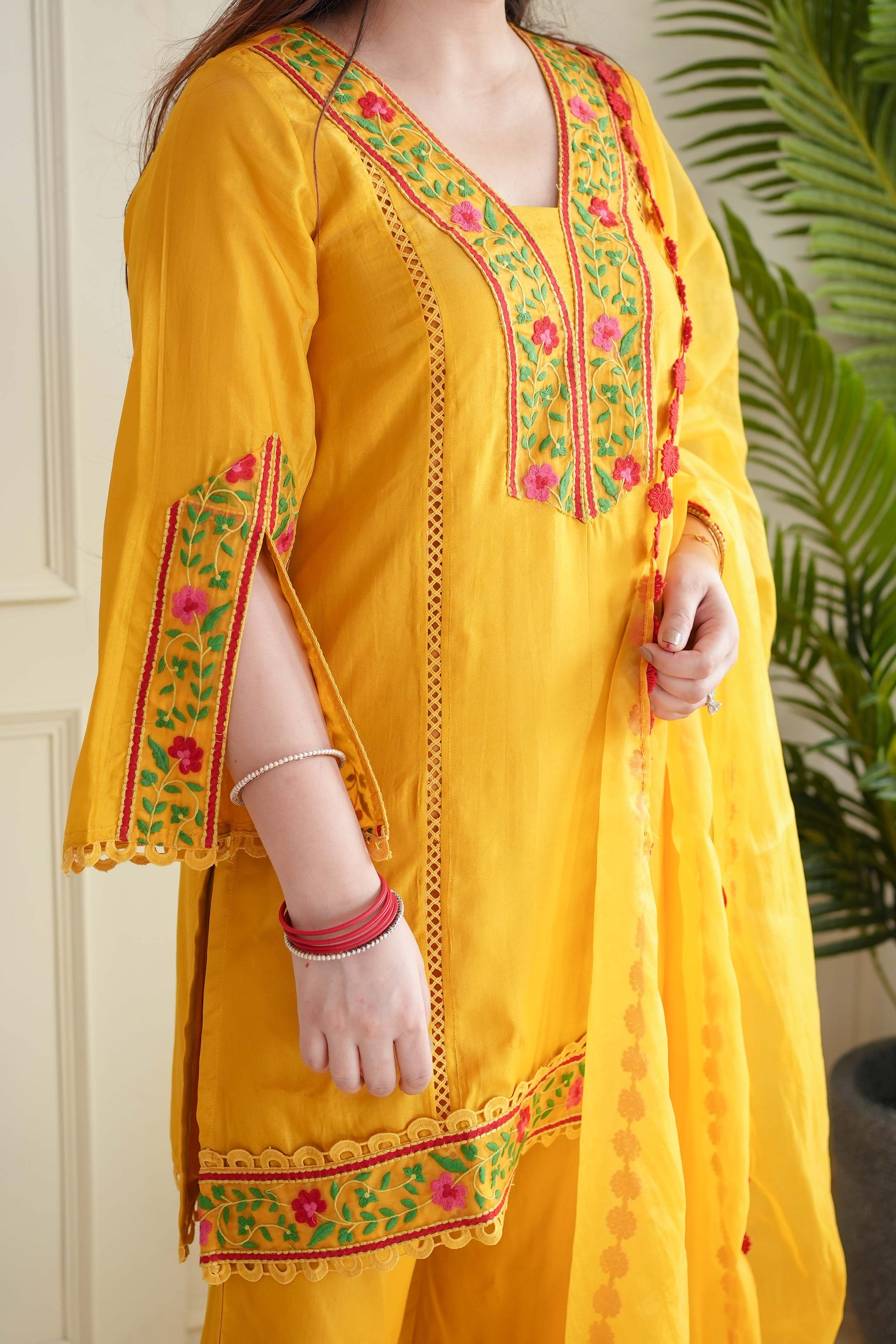 Rajha Yellow Thread Work Silk Suit