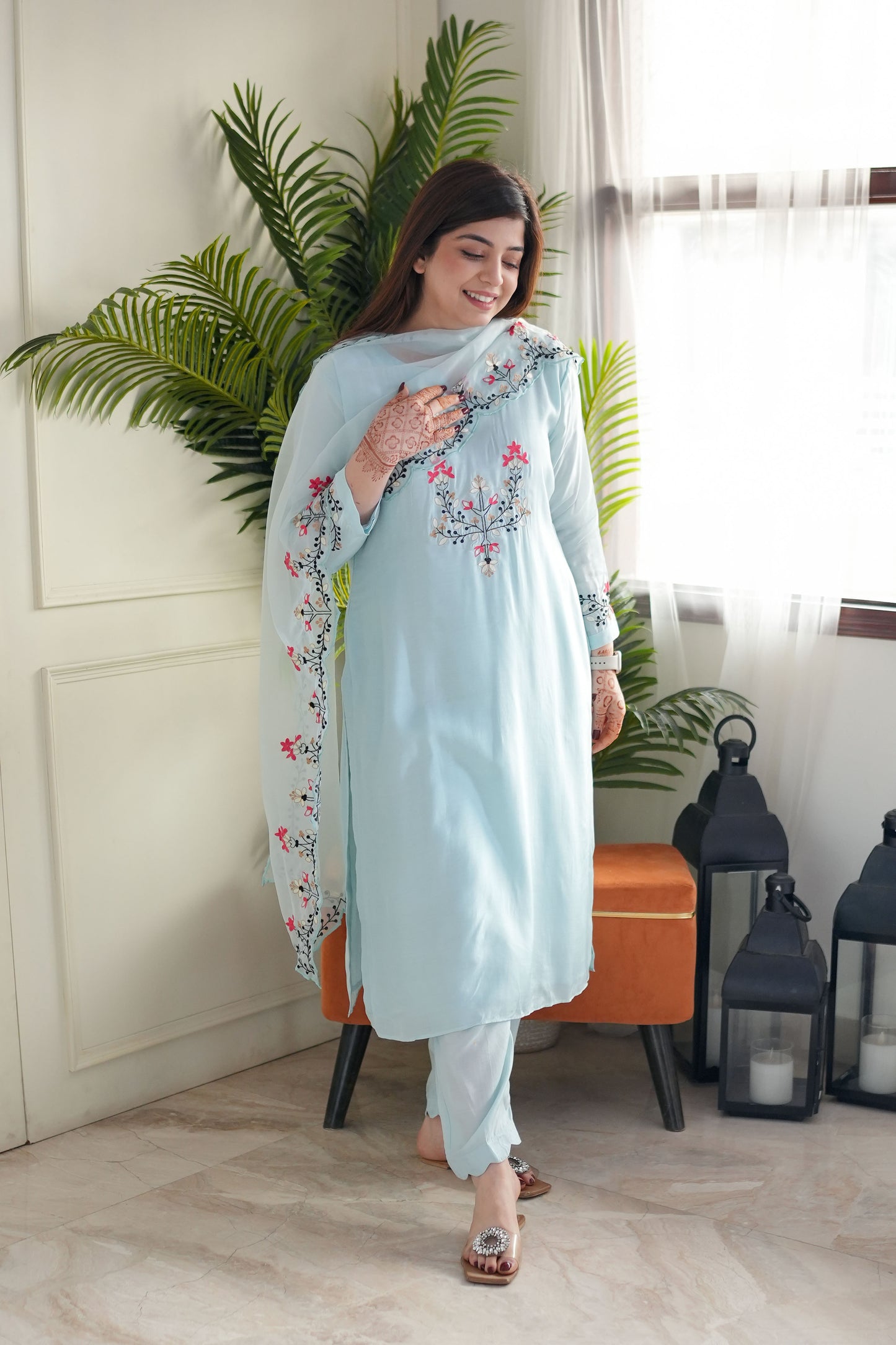 Blue Embroidered Silk Suit Set