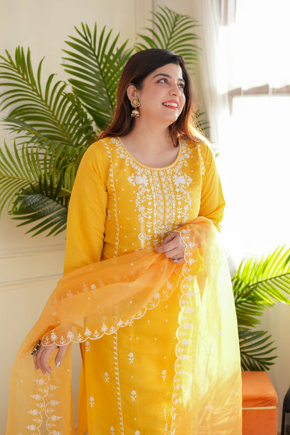 Madho Yellow Thread Work Suit Set