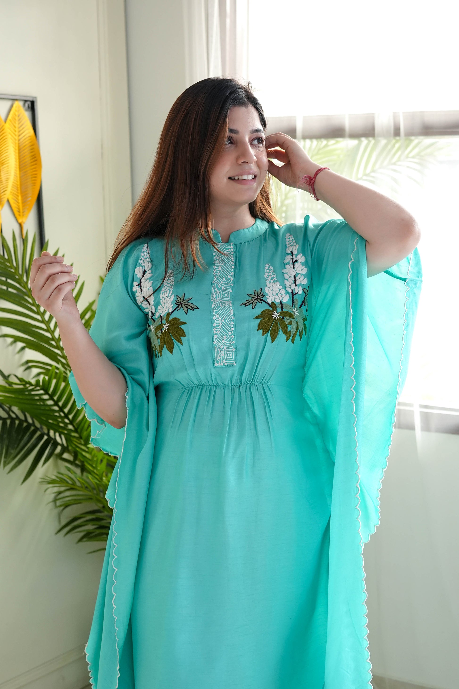 Saba Sea Green Hand Embroidered Kaftan Set