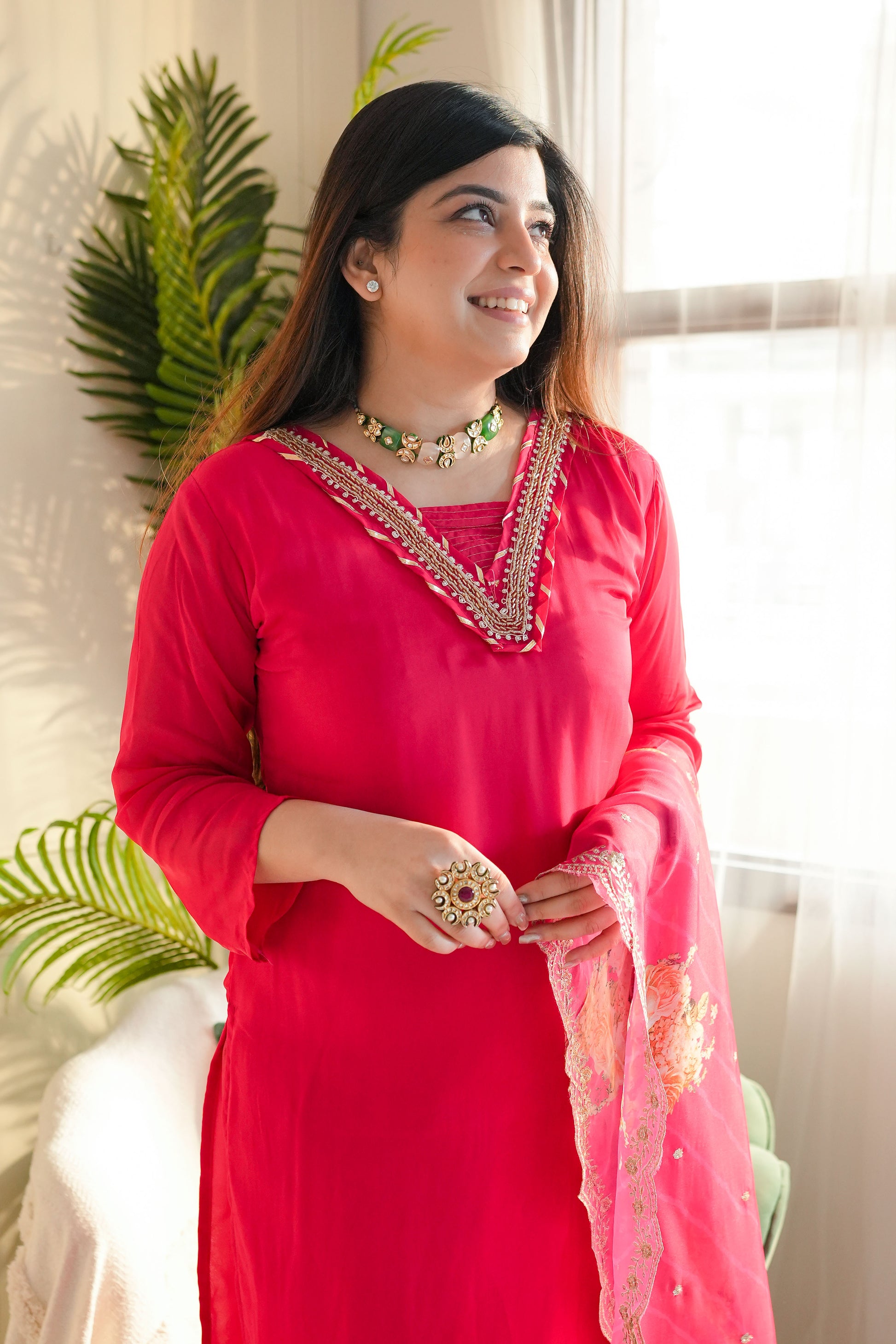 Ishrat Red Suit Set With Floral Dupatta