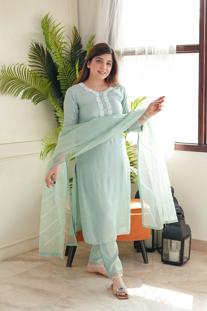 Pastel Green Embroidred Silk Suit