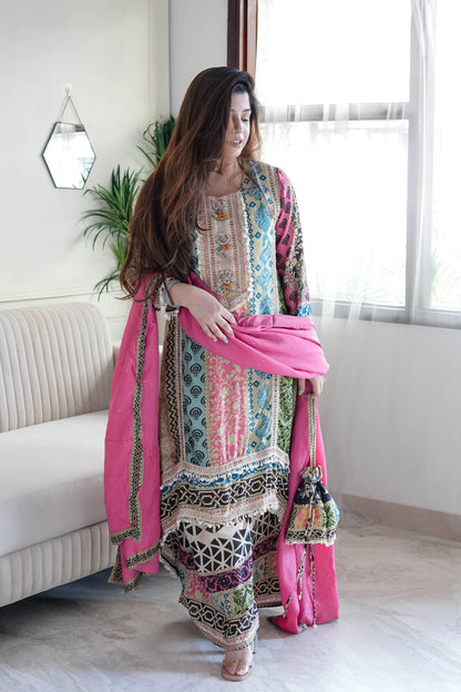 Tira Luxe Pink Embroidered Suit Set