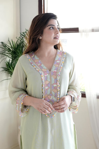 Zoya Green Embroidered Co ord Set